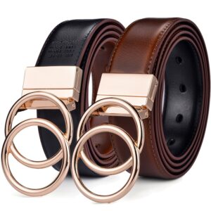 Beltox Women Reversible Leather Belt 2 in 1 Rotated 2 Rings Gold Buckle 3 4cm Wide